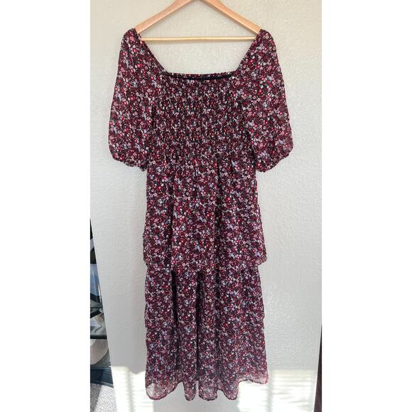 Kings Road Women's Red Floral Tiered Midi Dress XL Smocked Square Neck Boho - Picture 6 of 7